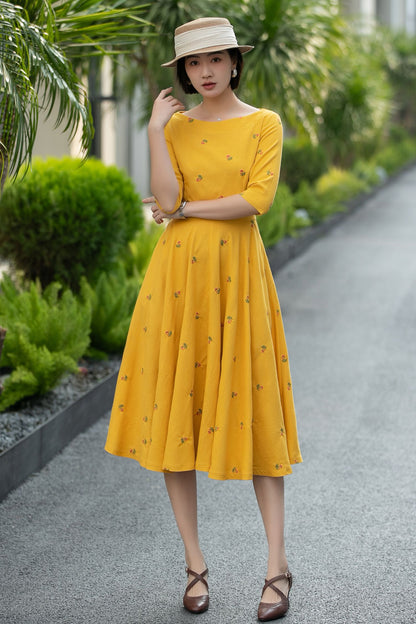 Yellow Linen Cotton Midi Dress – Vintage Fit & Flare with Pockets 6668 -Size XS #CK2600011