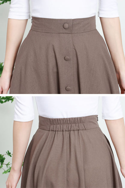 Beige Linen Cotton Maxi Skirt - High Waist Button Front 5731