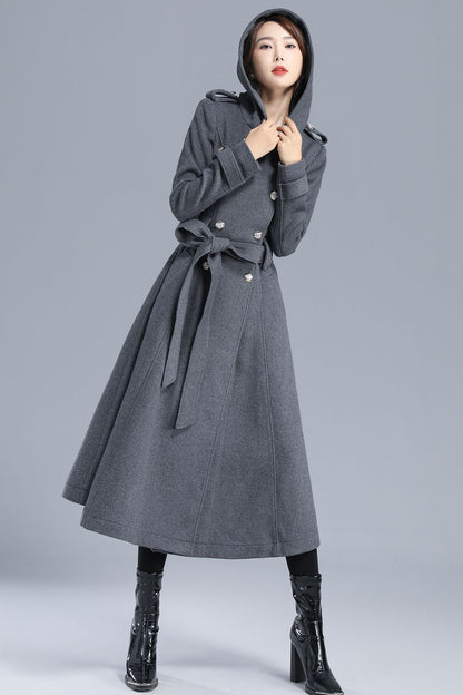 Gray Wool Coat Midi with Hood - Double Breasted Military Style 3213