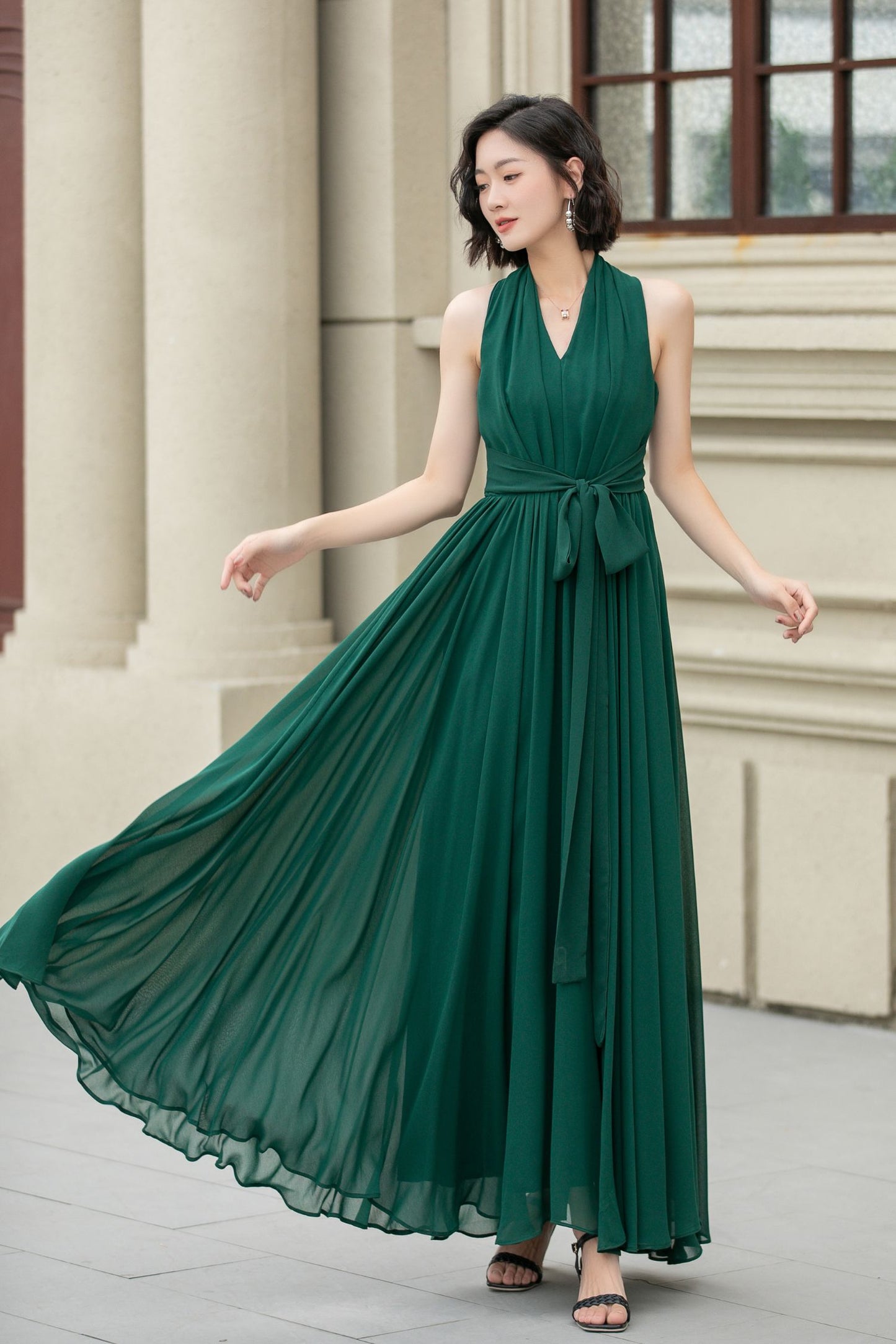 Green maxi halter chiffon party dress 5175