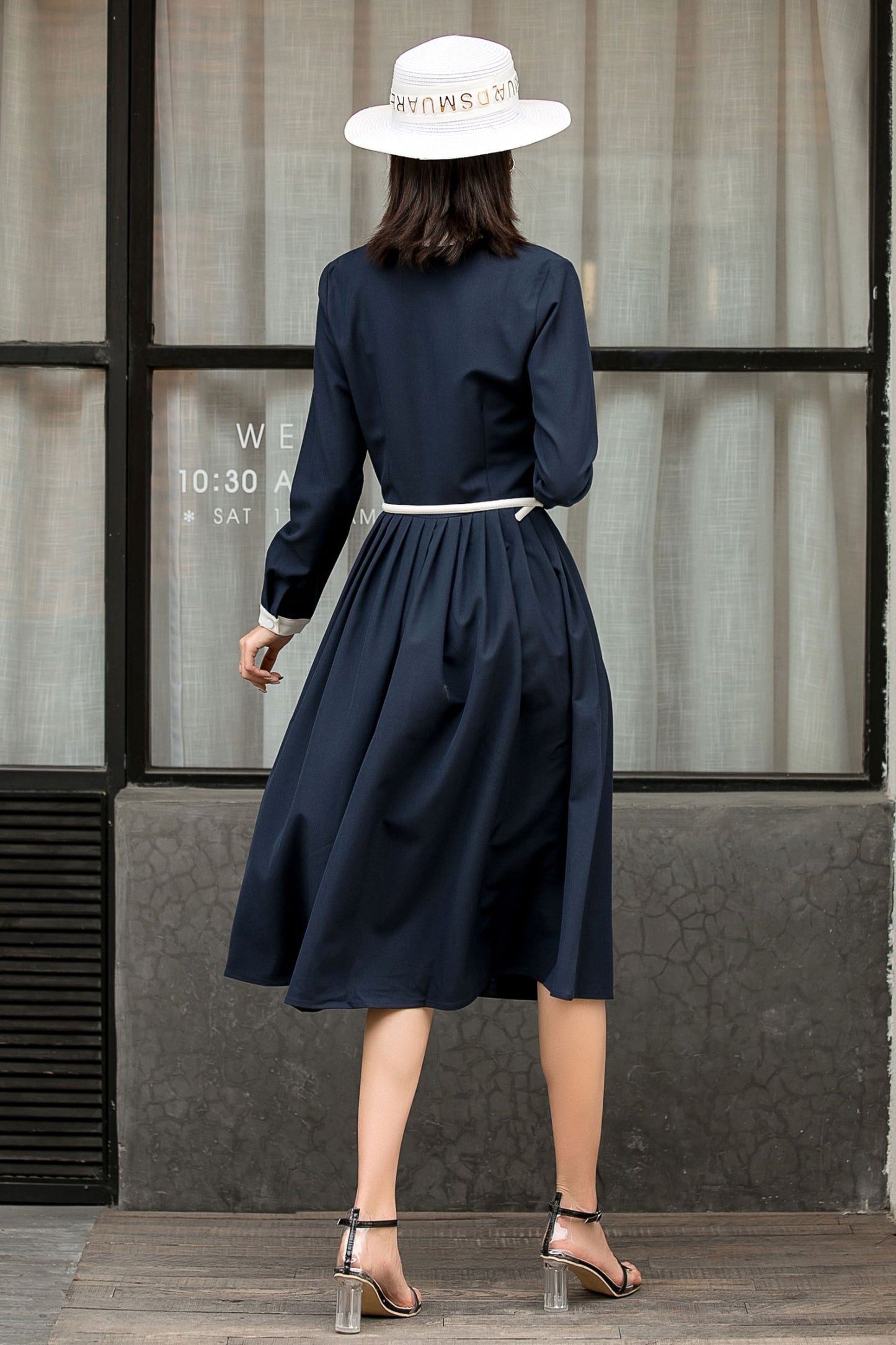 Summer Fall Navy Formal Button Up Midi Dress 2845