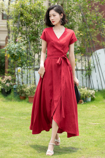 Short sleeve Burgundy Linen Wrap dress 5202