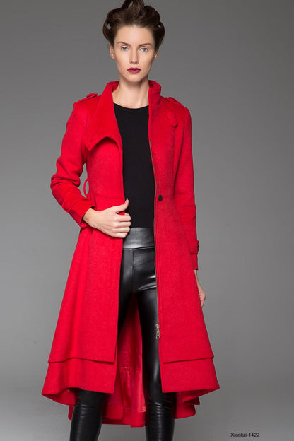 Red Wool Coat Maxi - Asymmetrical Layered Hem & Self-Tie Waist 1422