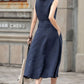 Casual sleeveless Navy linen midi dress 2593