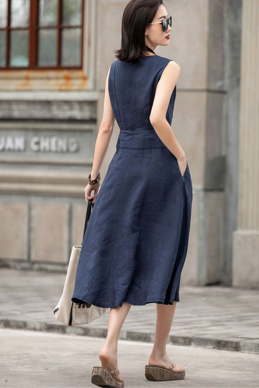Navy Linen Midi Dress - Sleeveless V-Notch with Defined Waist 2593