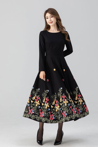 Black fit and flare embroidered dress 4663