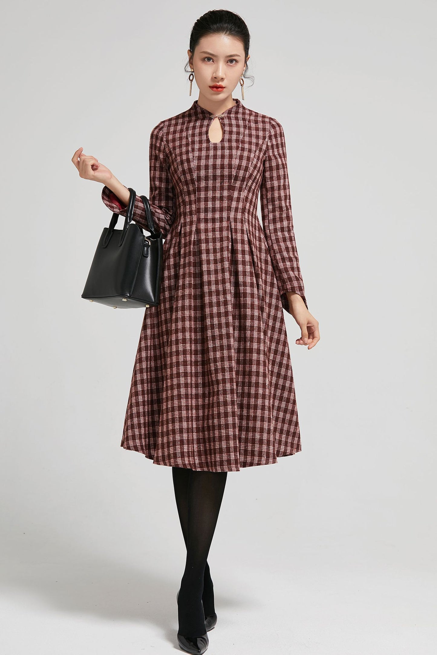 Mandarin collar plaid winter wool dress women 2295