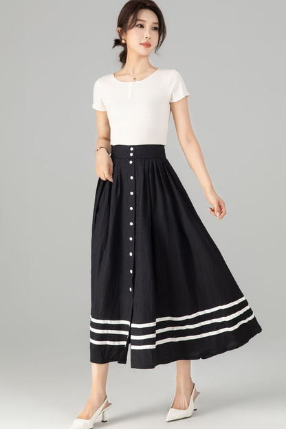 Stylish Button-Up Linen Skirt with Striped Hem 5712 -XS #CK2500362