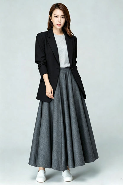Grey Wool Blend Maxi Swing Skirt-High Waist Pleated Long Skrit 7012