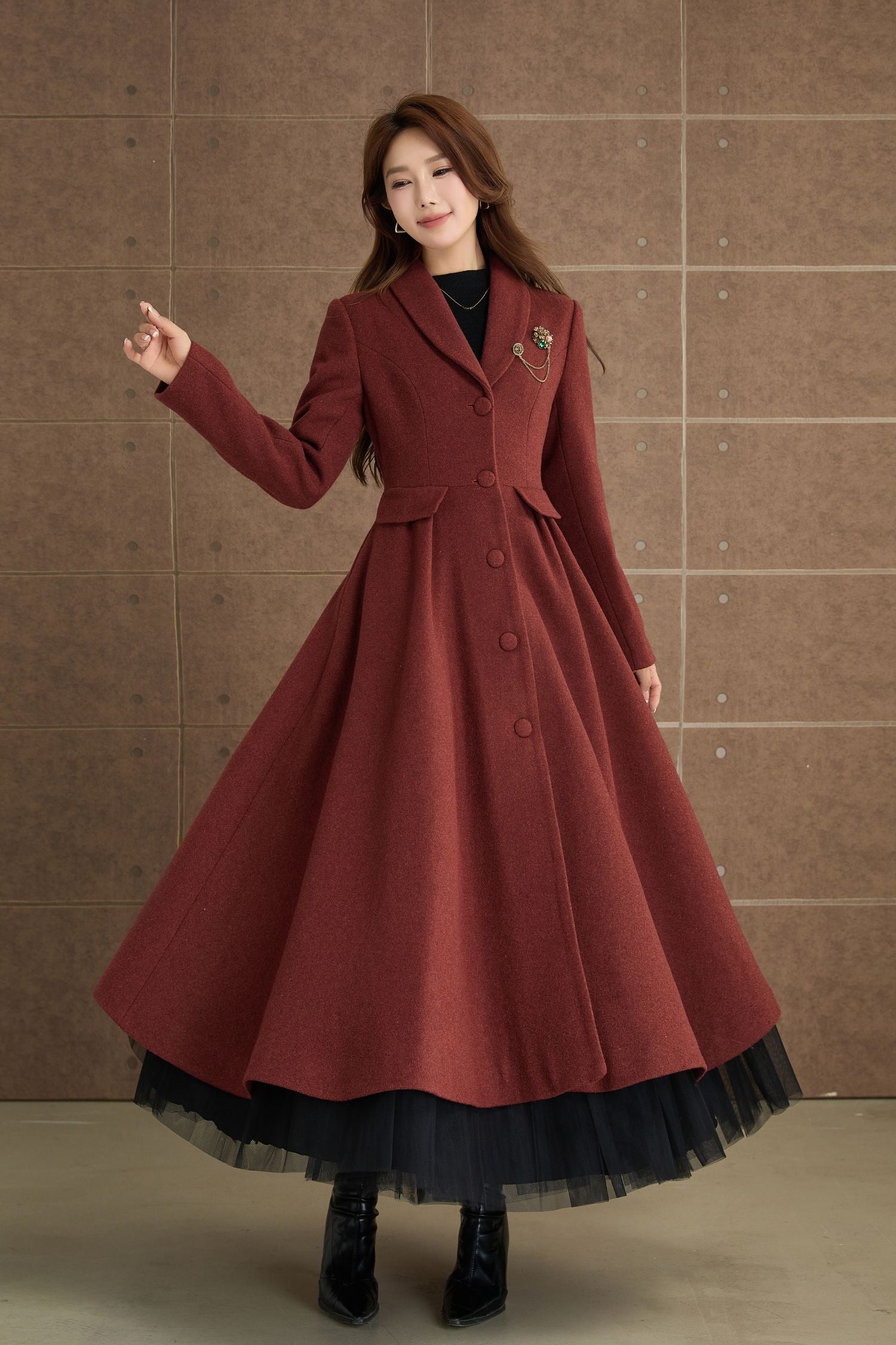 Red Brown Wool Fit and Flare Coat – Vintage Long Winter Overcoat 5369 Brown / S