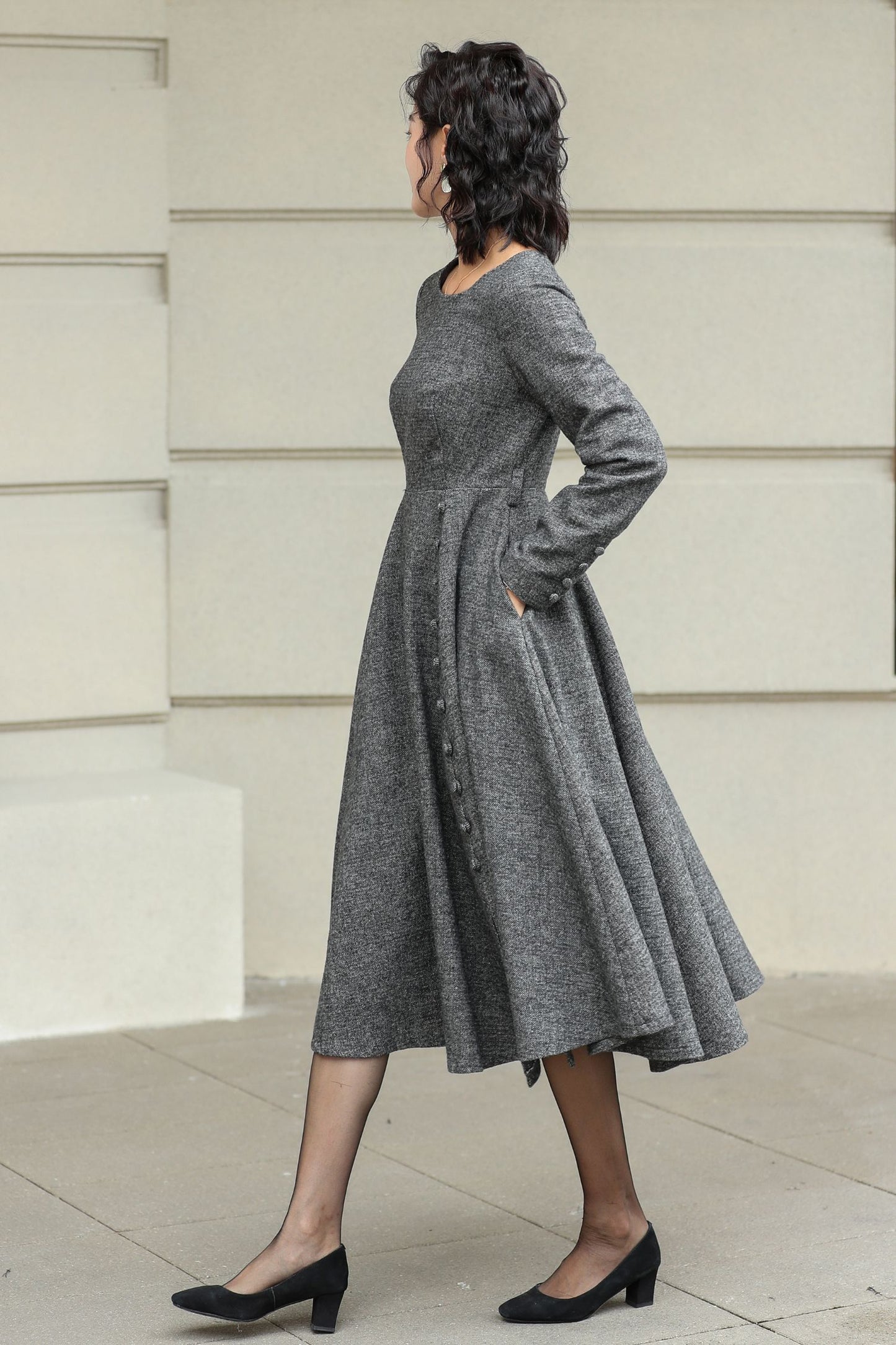 Classic Grey Wool Midi Dress with Button Detail 6423