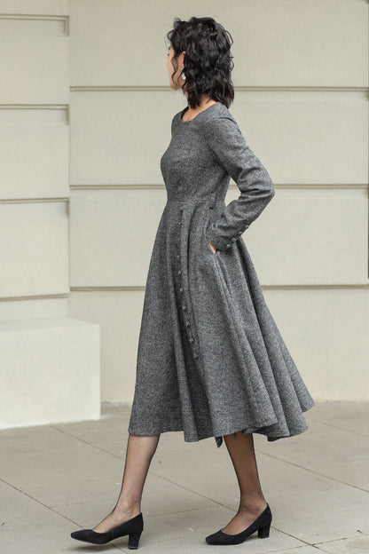 Grey Wool Midi Dress - Elegant A-Line Fit with Button Detail 6423