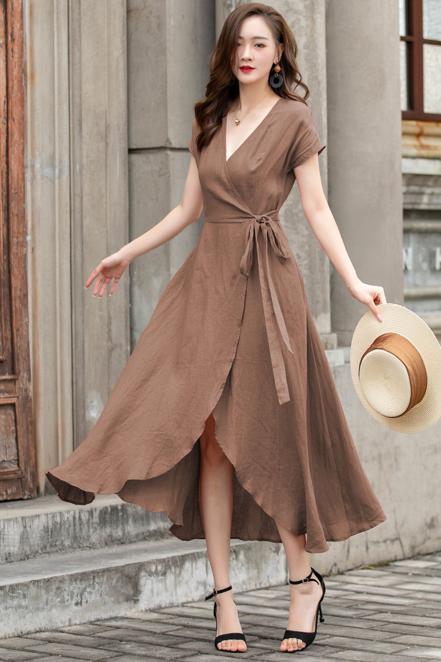 Brown Linen Wrap Dress – Handmade Vintage Summer Style 5761 Brown / XS
