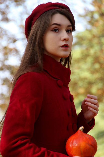 Handmade Red Wool Coat – Vintage Princess Winter Maxi Overcoat 3219