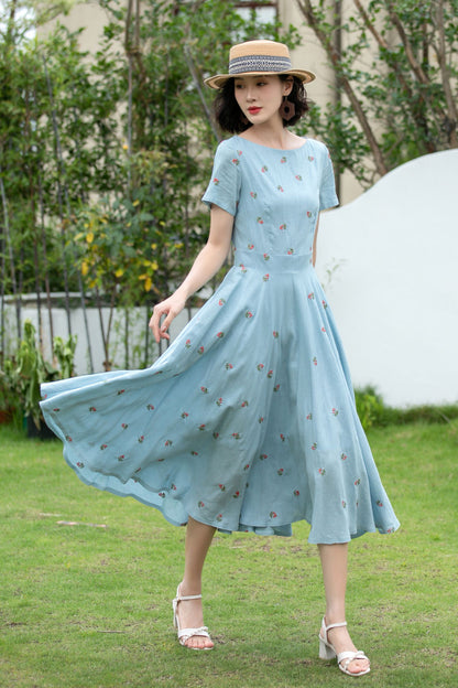 Blue Linen Cotton Fit and Flare Dress - Embroidered, Boat Neck 5204