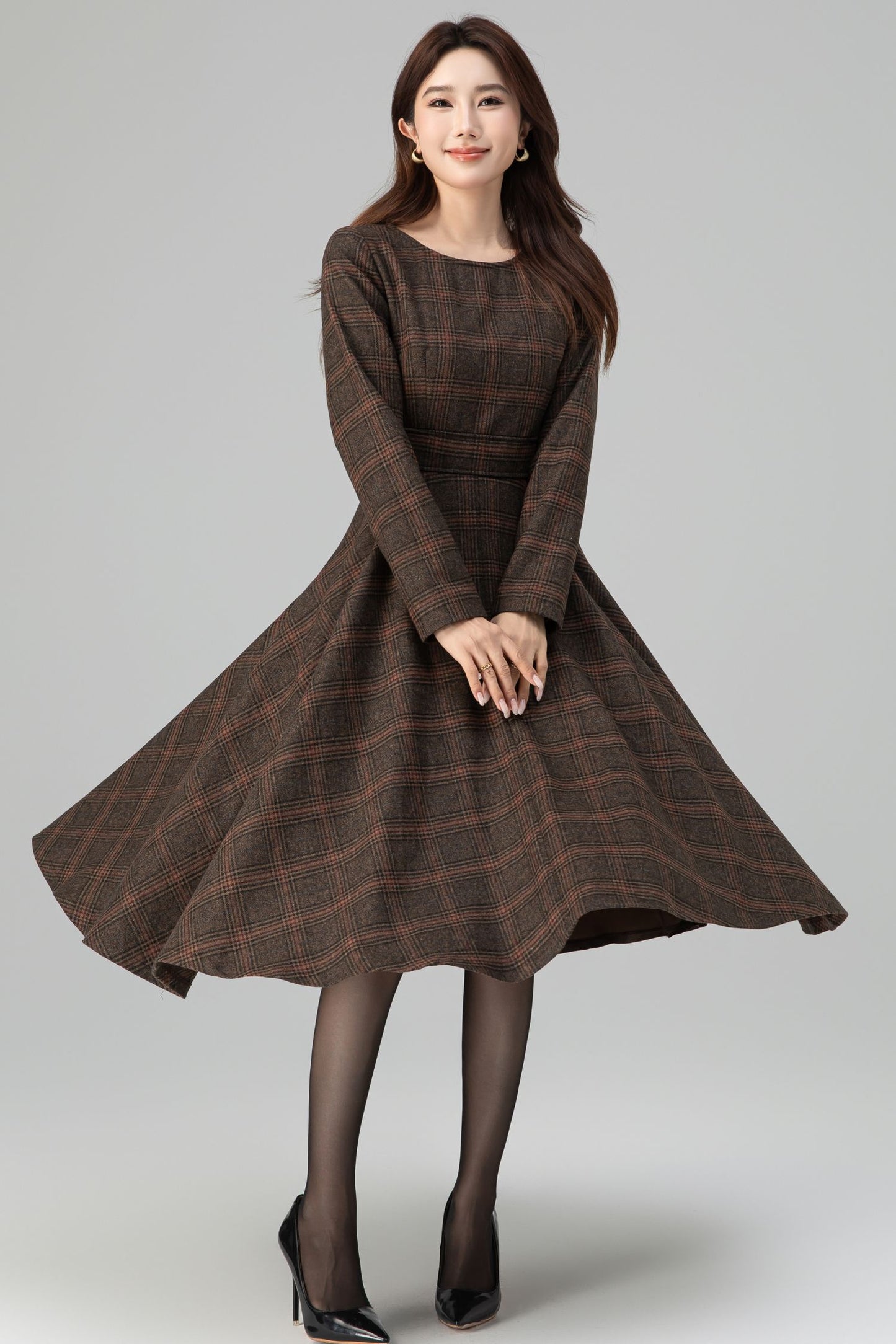 Brown Wool Blend Plaid Dress – Handmade Vintage Midi Winter Style | Xiaolizi 6391