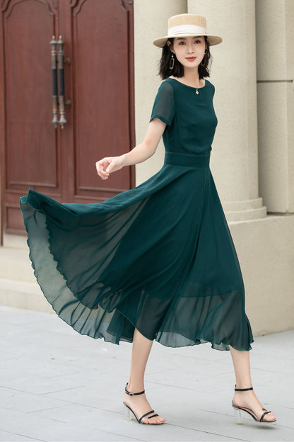 Emerald Green Chiffon Midi Fit and Flare Dress - Sheer Sleeve 5145