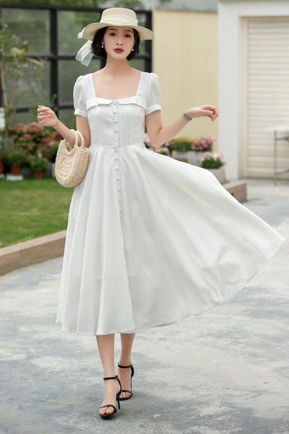 White Linen Midi Swing Dress - Square Neckline with Puff Sleeves 5980