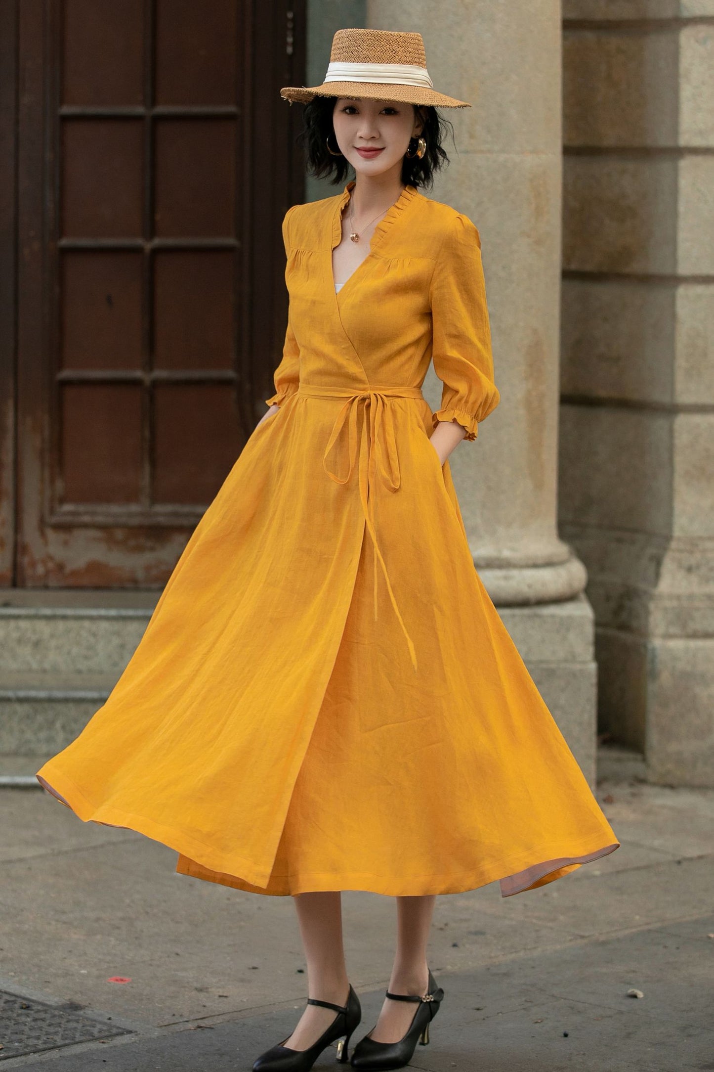 Yellow linen wrap dress with belted 5684