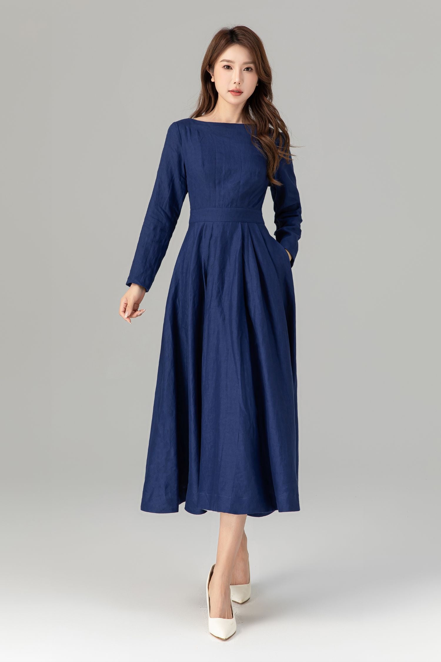 Navy Linen Midi Dress Elegant Long Sleeve Linen-Cotton Fit and Flare Dress 4925 Navy / XL Navy Linen Midi Dress Elegant Long Sleeve Linen-Cotton Fit and Flare Dress 4925 Navy / XL