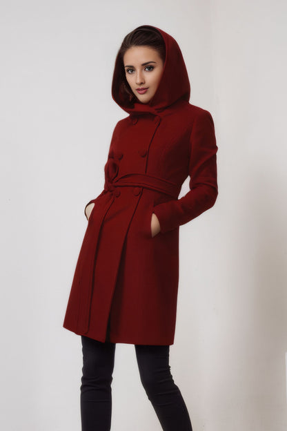 Women's Hooded Wool Coat - Double Breasted Red Winter Coat 5612