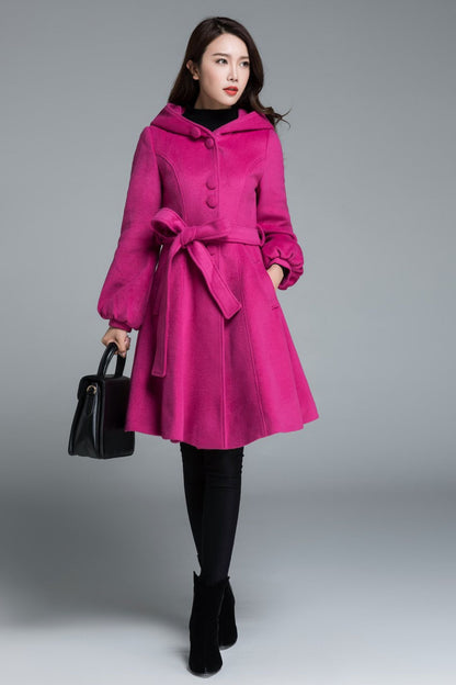 Hooded swing wool coat with tie belt waist 1647