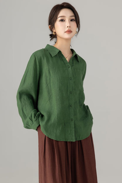 Green Linen Blouse - Loose Fit Vintage Collar Long Sleeve | Xiaolizi 5698