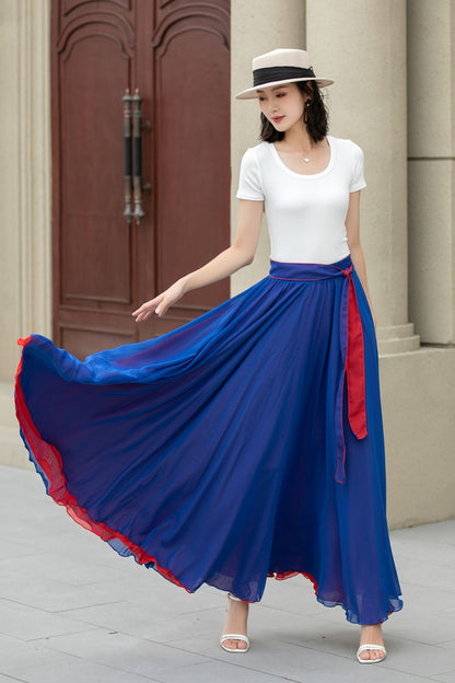 Red Chiffon Ankle-Length Skirt - Elastic Waist with Belt 5108