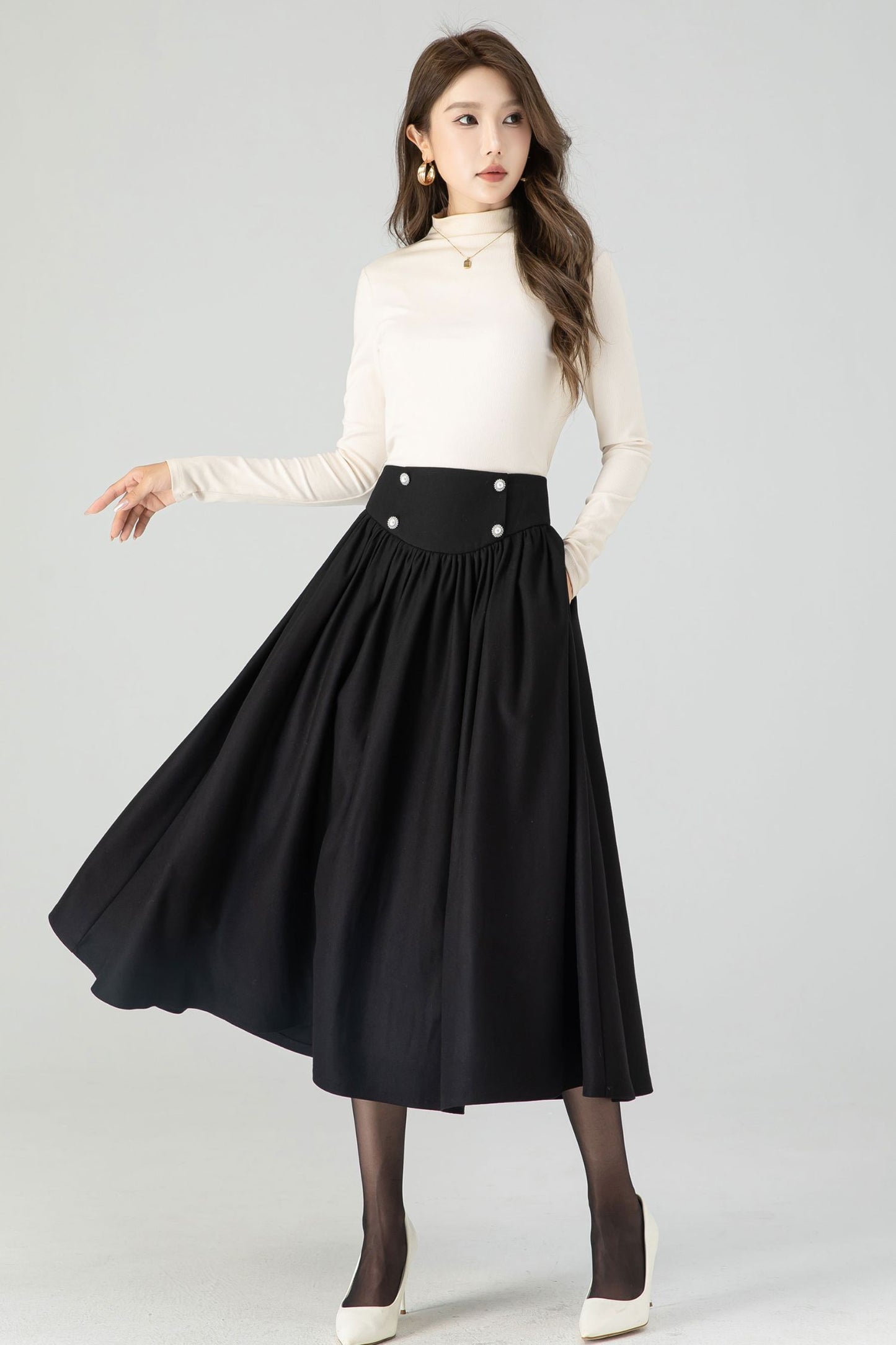 High waisted winter swing wool skirt women 4556