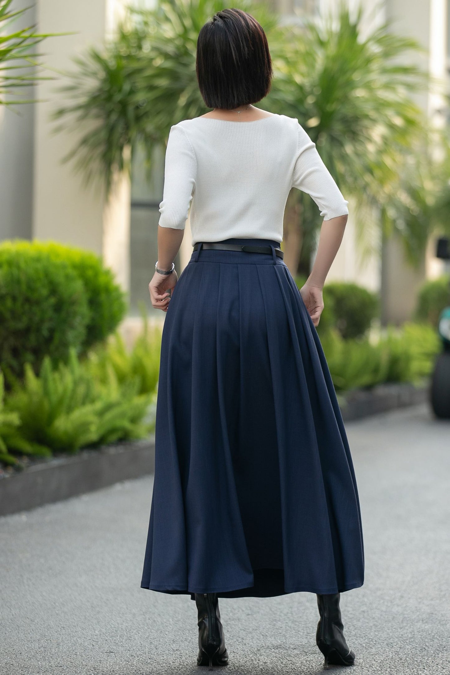 Navy Pleated Maxi Skirt – High Waist A-Line Work Skirt with Pockets 6663 -Size xs #CK2600017