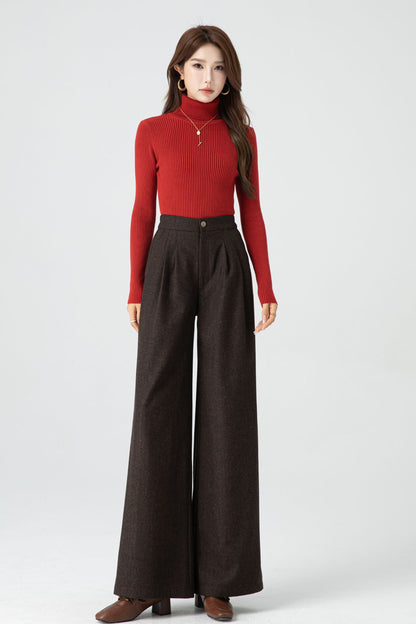 Brown Wool Wide Leg Pants - Soft Lined Winter Essential 5318