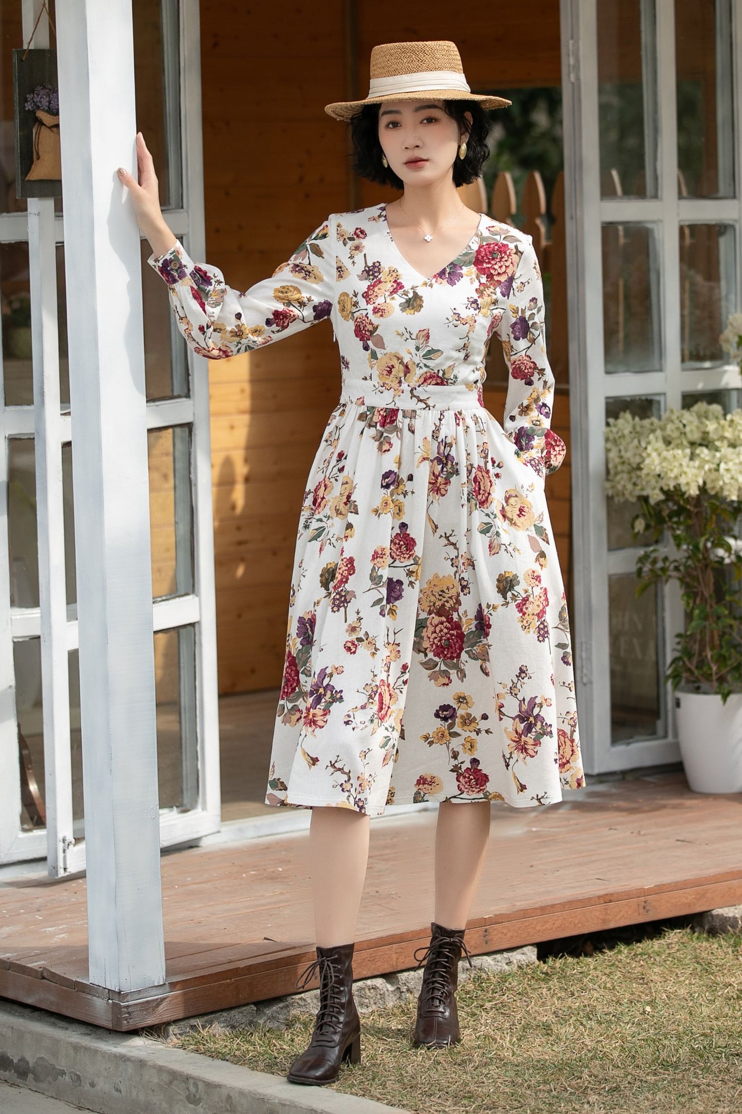 Xiaolizi Floral Linen Midi Dress – Vintage V Neck Swing 6692