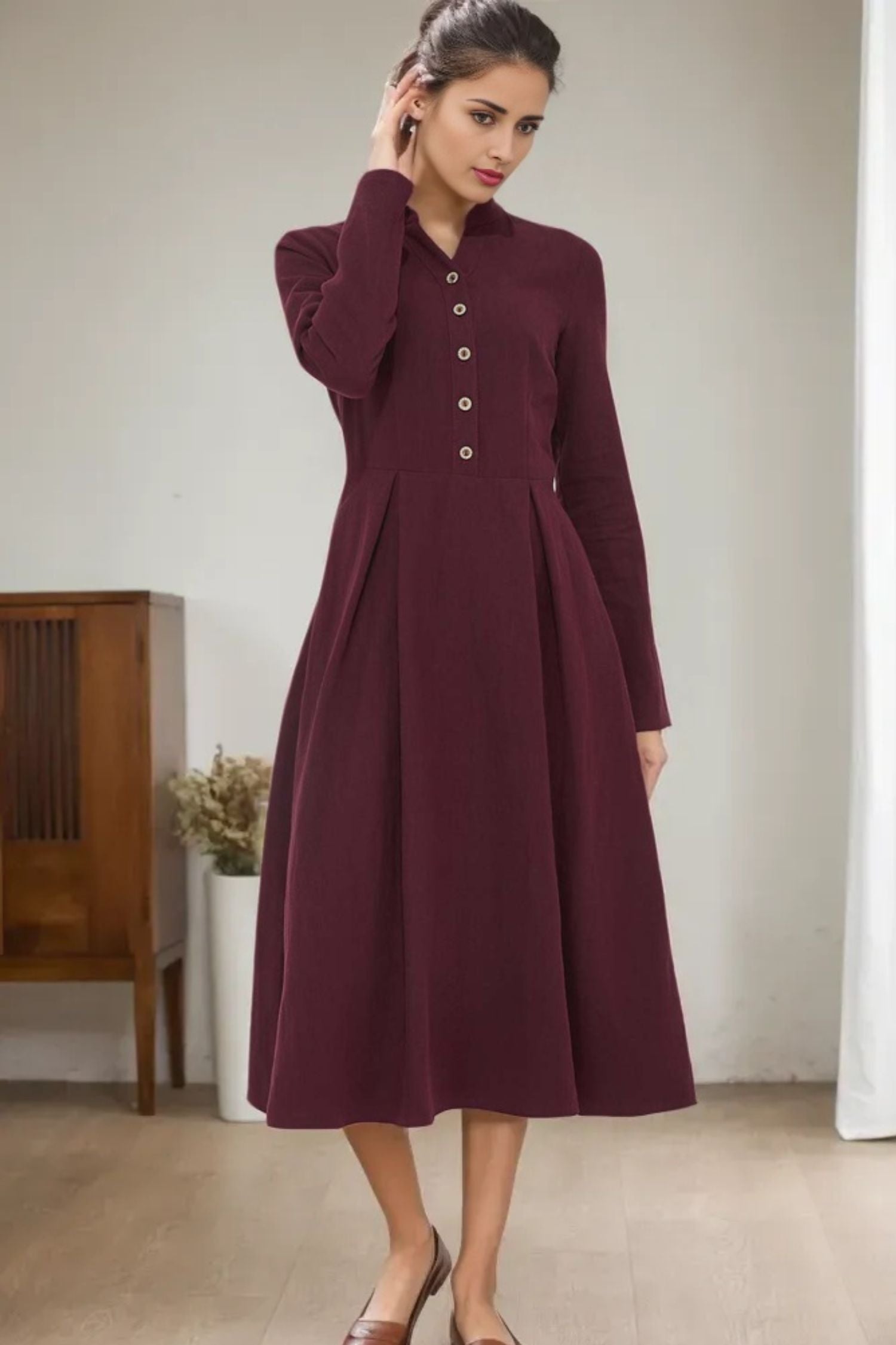 Burgundy Linen Midi Dress - Button Front A-Line Long Dress 5570 Xiaolizi Burgundy Linen Midi Dress - Button Front A-Line Long Dress 5570 Xiaolizi