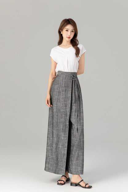 Gray Linen Cotton Wide Leg Wrap Pants - Asymmetrical Ankle | Xiaolizi 4938