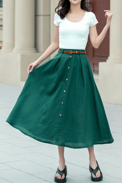 Green Linen A-Line Midi Skirt - Button Front Detail 4967