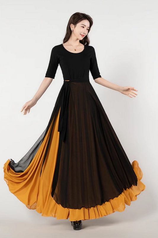 Swing summer chiffon skirt with black wrap outfit  5198