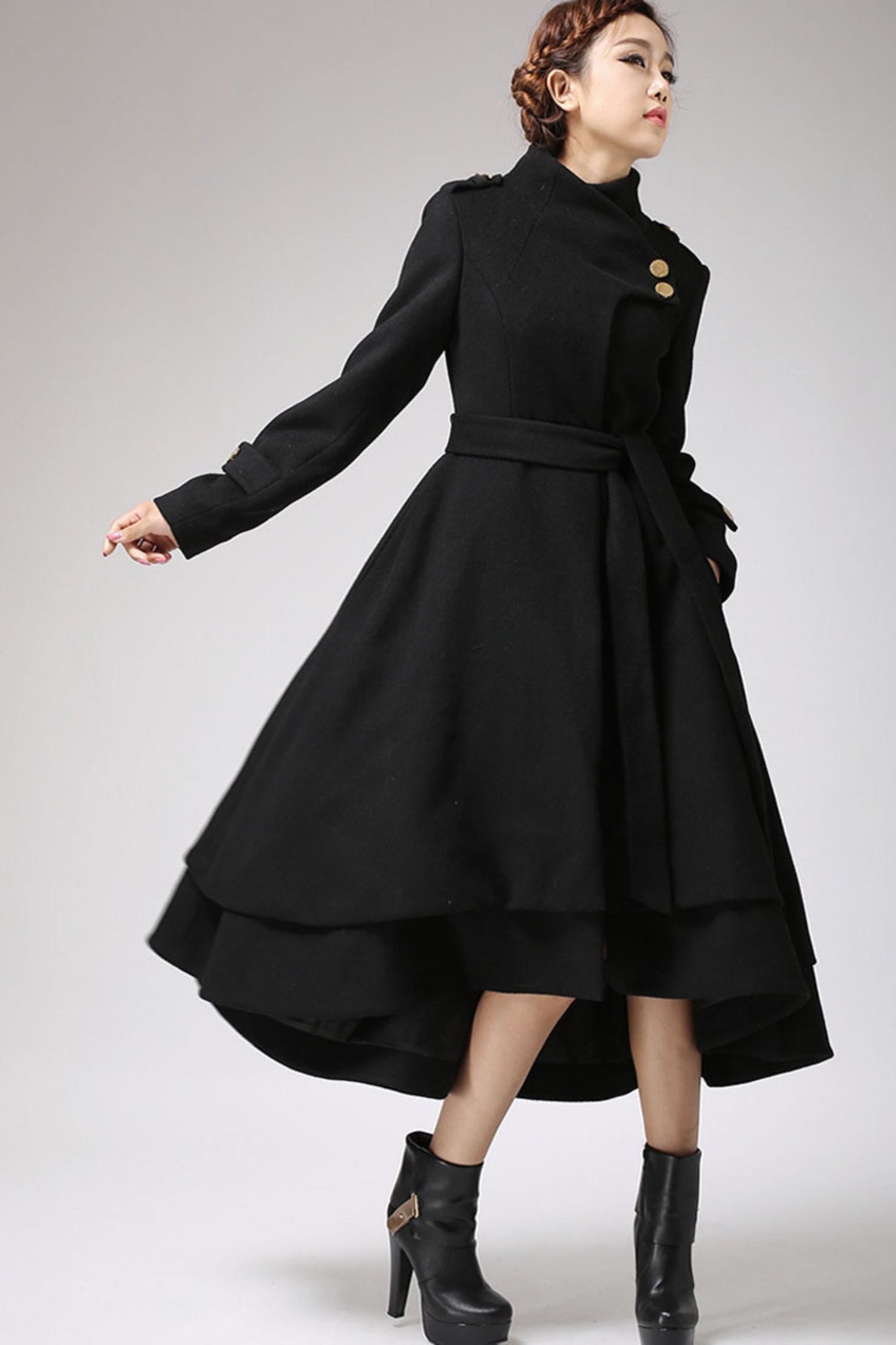 Asymmetrical Hem Black wool Coat  0703#