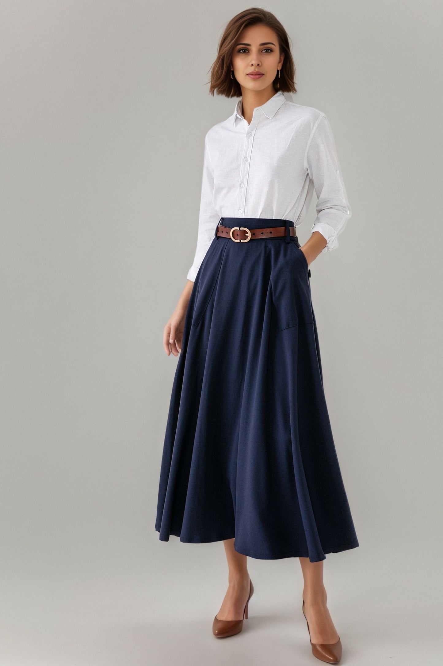 Handmade Cotton Blend A-Line Midi Skirt – Vintage High Waist Swing Skirt with Pockets 6302