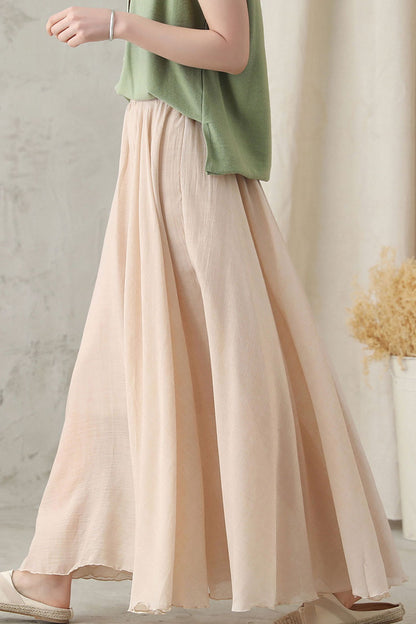 Handmade Linen Maxi Skirt Beige – High-Waist Flowy Circle Hem – 2820