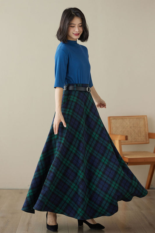 Vintage Inspired Long Wool Plaid Skirt 4619