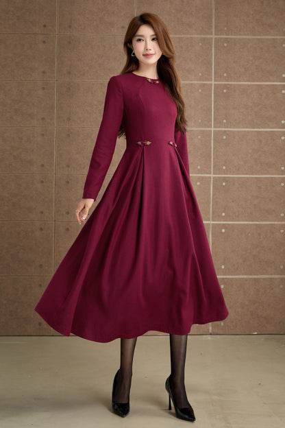 Burgundy Wool Midi Dress - Long Sleeves, Fit and Flare Silhouette 5358