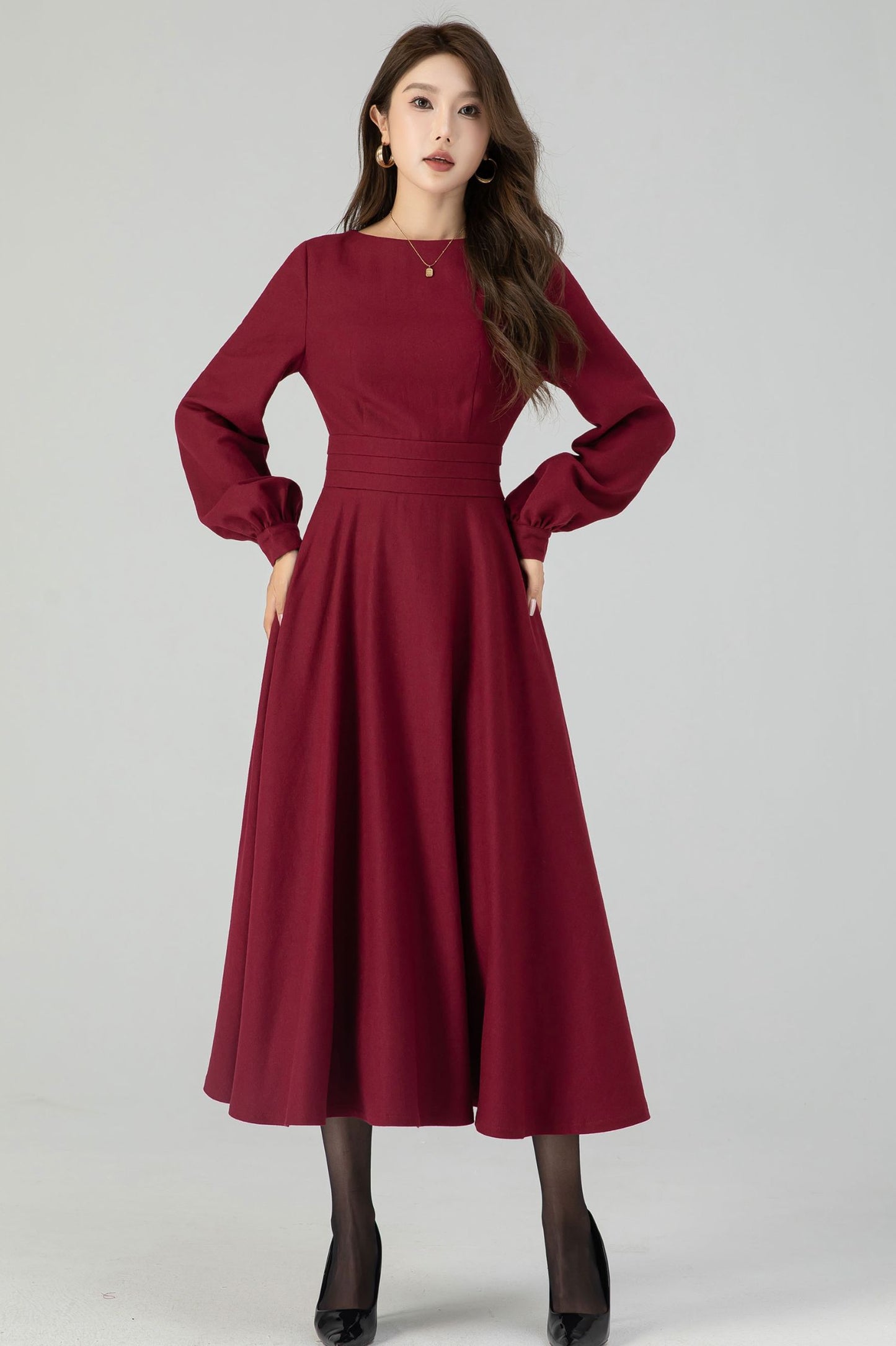 Burgundy swing winter wool dress for women 4550