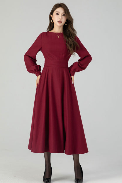 Green Wool Midi Dress - Lantern Sleeve, Swing Silhouette 4550