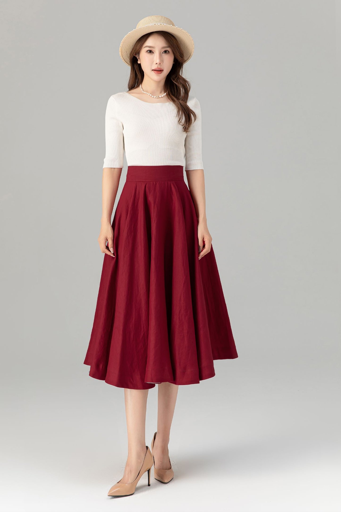 A line burgundy summer swing linen skirt 4936