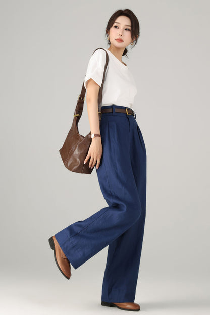 Blue Linen Cotton Wide Leg Pants - Palazzo High Rise | Xiaolizi 5758