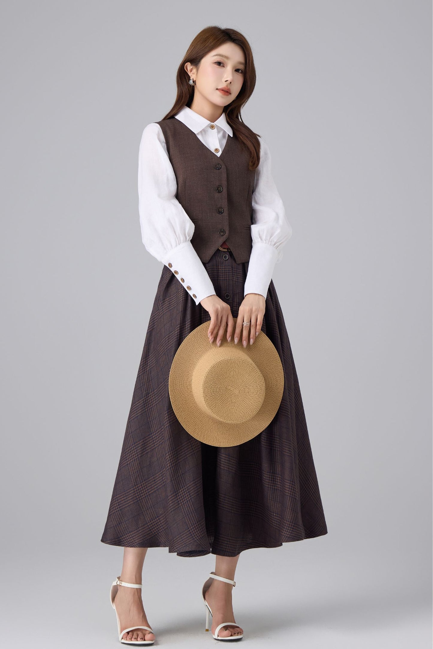 Brown Linen Cotton Skirt - Plaid High Waist | Xiaolizi 6756