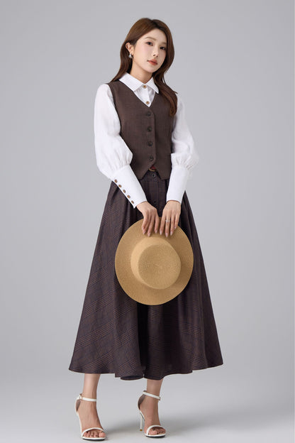 Brown Linen Cotton Skirt - Plaid High Waist | Xiaolizi 6756