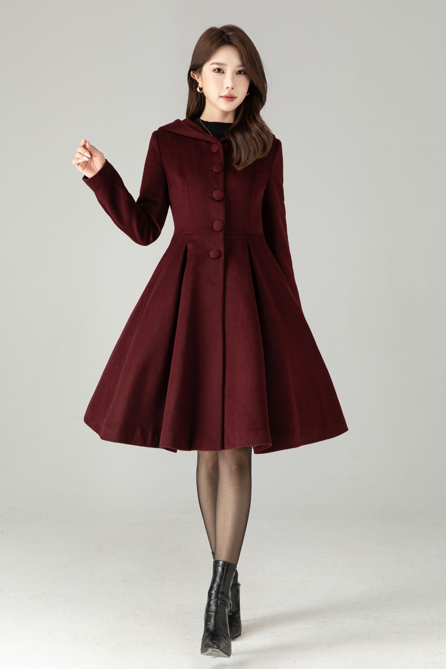Hooded Burgundy Wool Coat – Vintage Fit & Flare Short Winter Coat | Xiaolizi 6572