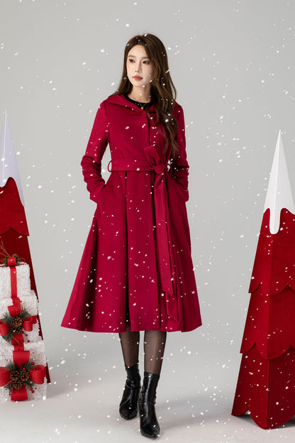 Red Wool Hooded Coat - Mid-Calf Length, Princess Silhouette 4615