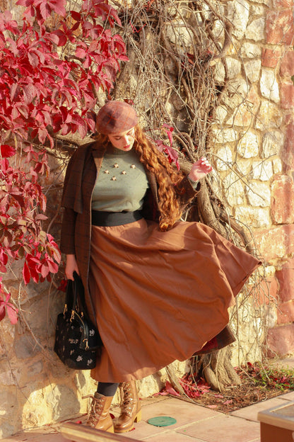 Brown Wool Swing Midi Skirt - High Waist Elegant Winterwear 4810